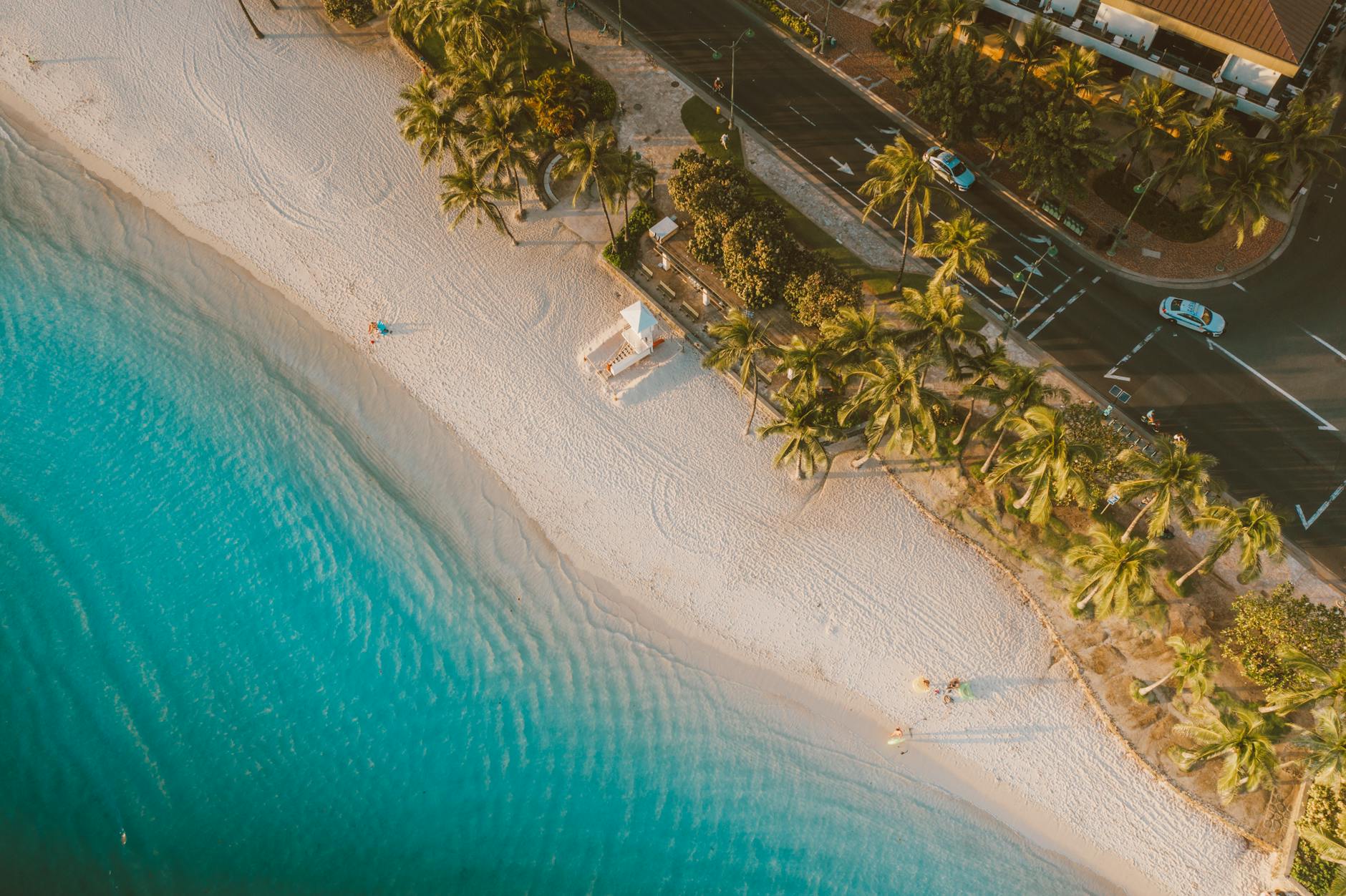 A breathtaking aerial shot of Waikiki Beach with palm trees and crystal-clear water in Hawaii.