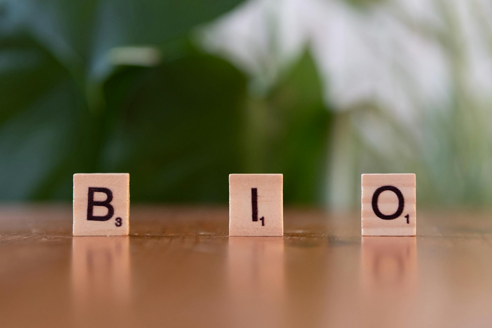 Close-up of Scrabble tiles forming the word 'BIO' on a wooden surface with a blurred green background.