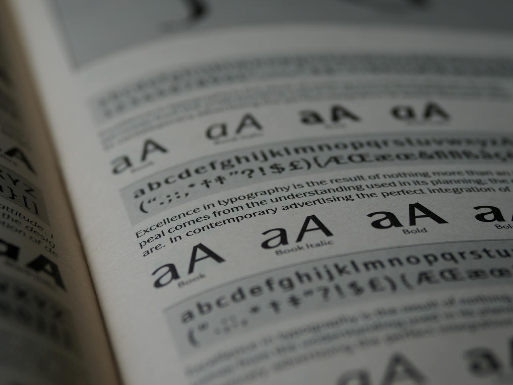 Detailed close-up of typography showcasing various fonts and text styles in a book.