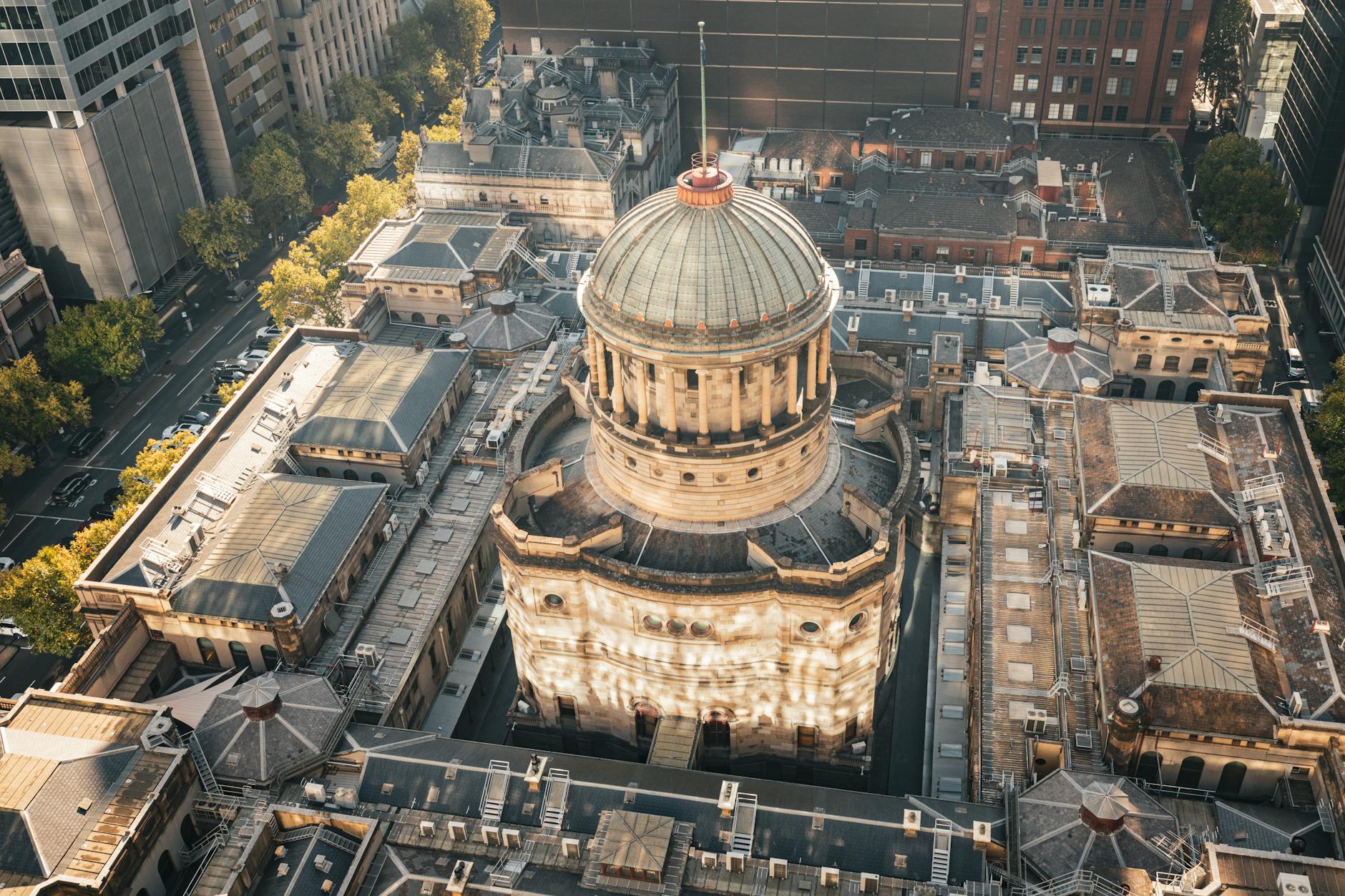 Aerial shot of the Supreme Court Building's architectural details in Melbourne, Australia.
