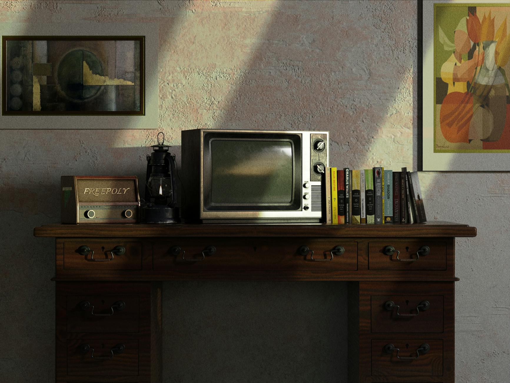 A nostalgic scene featuring a vintage TV and radio on a wooden desk with books and paintings.