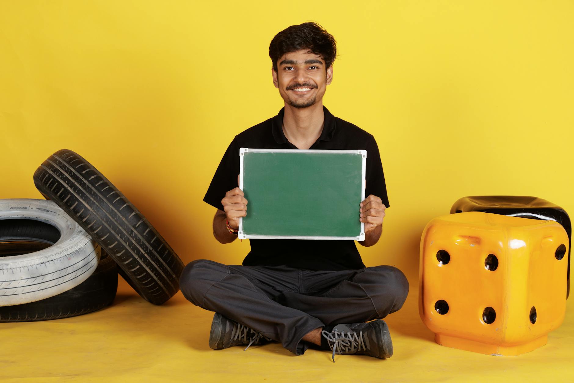 Man holding a blank board indoors, providing copy space for text or design mockups, with a casual and clean presentation