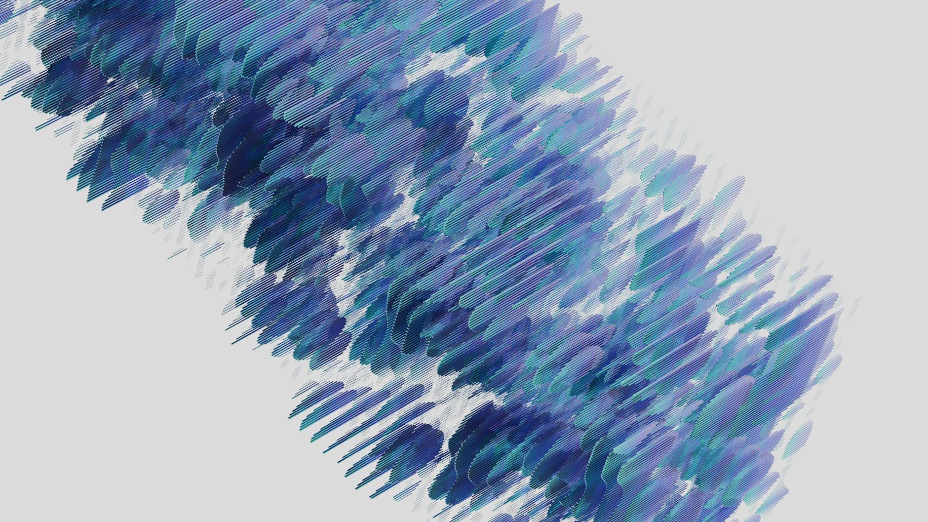 Dynamic abstract art with blue and purple brush strokes on a light background.