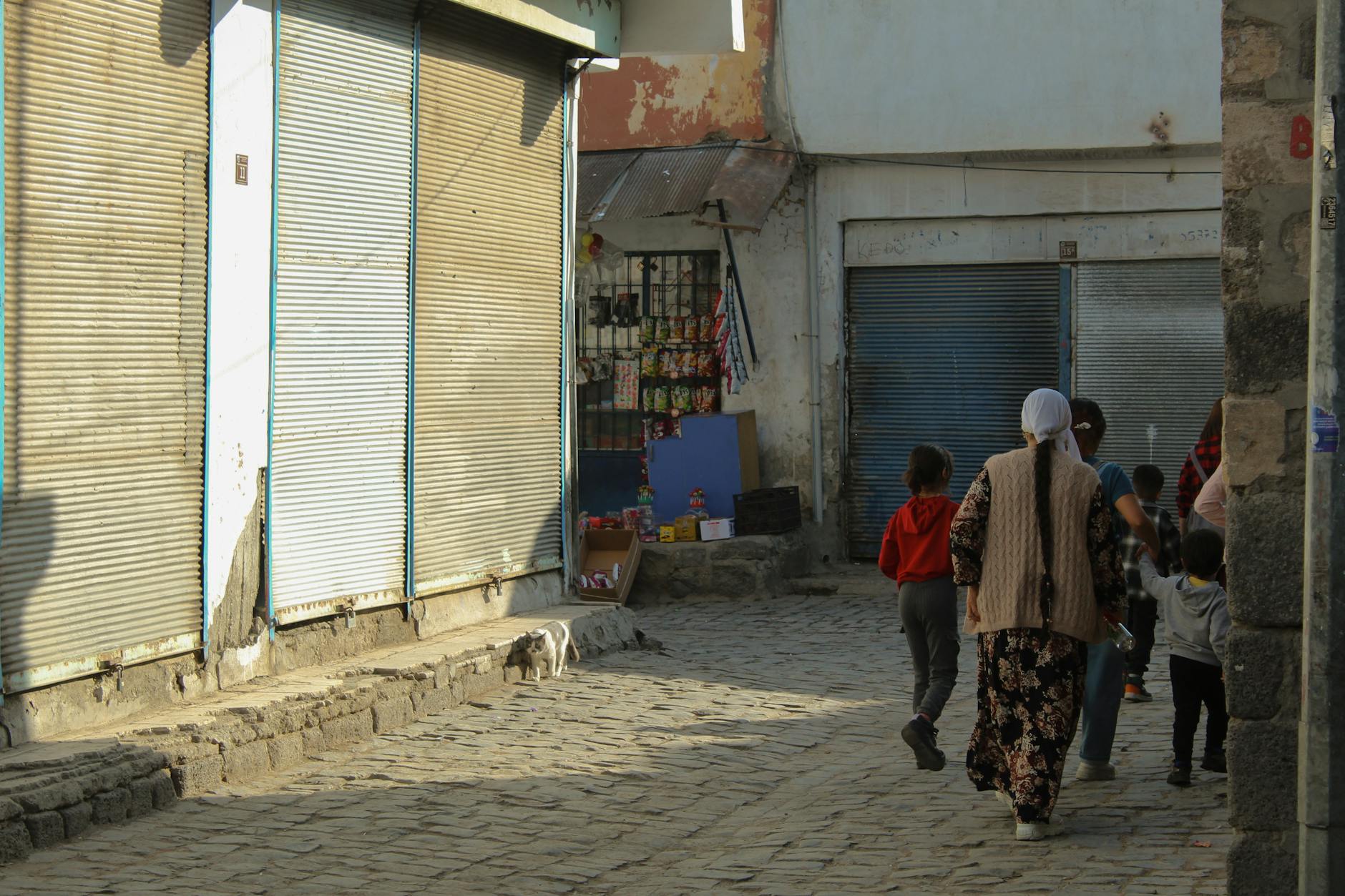Candid street scene showing a family walking down cobblestone streets with a stray cat nearby.