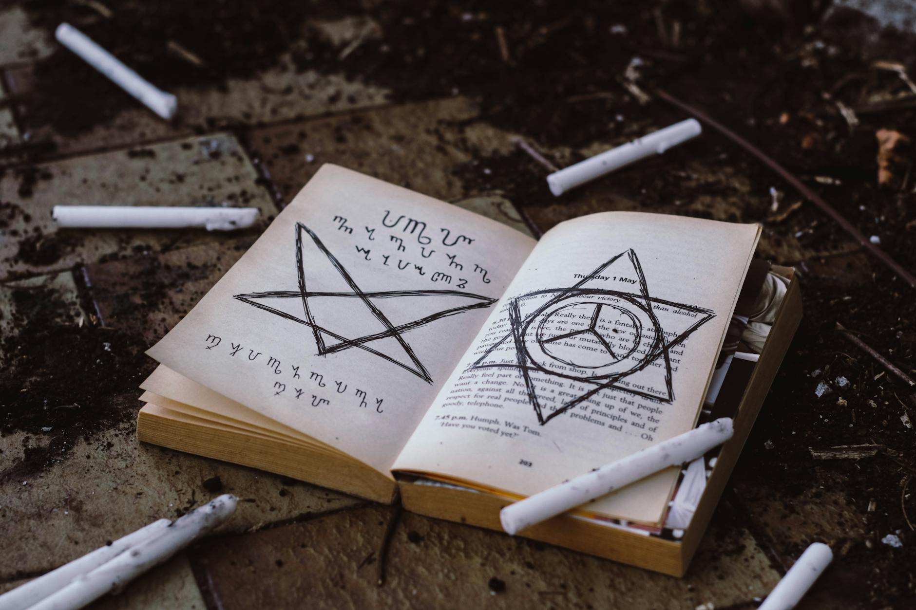 Open book with mystical symbols surrounded by candles, suggesting witchcraft and the occult.