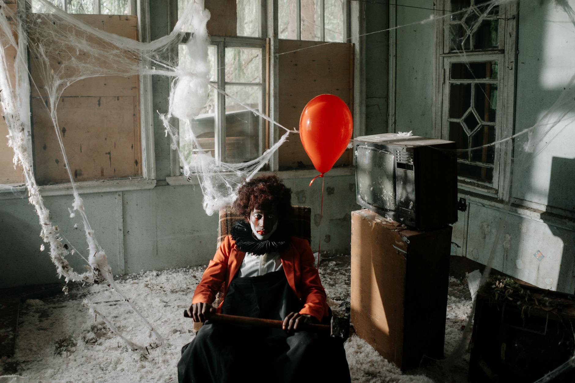 Creepy clown with a hammer in an abandoned house, sitting with a red balloon.