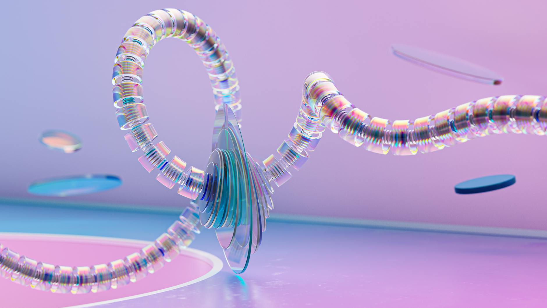 Colorful 3D render depicting a glass spiral structure with vibrant gradients.