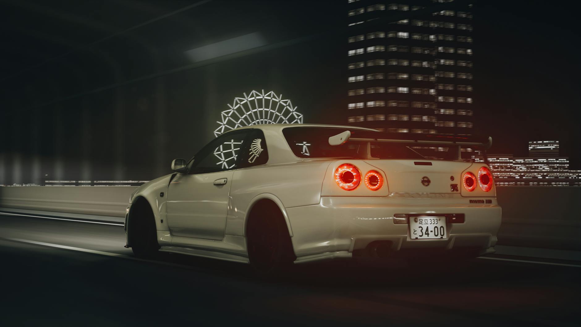 A white sports car drives through a city at night, featuring modern urban lights and scenery.