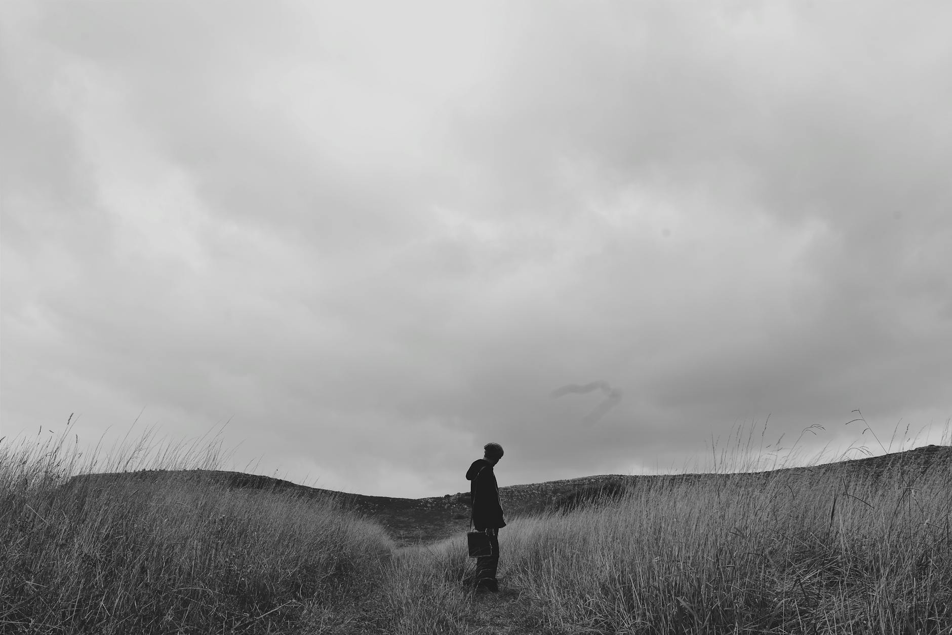 A person stands alone in a vast, empty field under a cloudy sky.