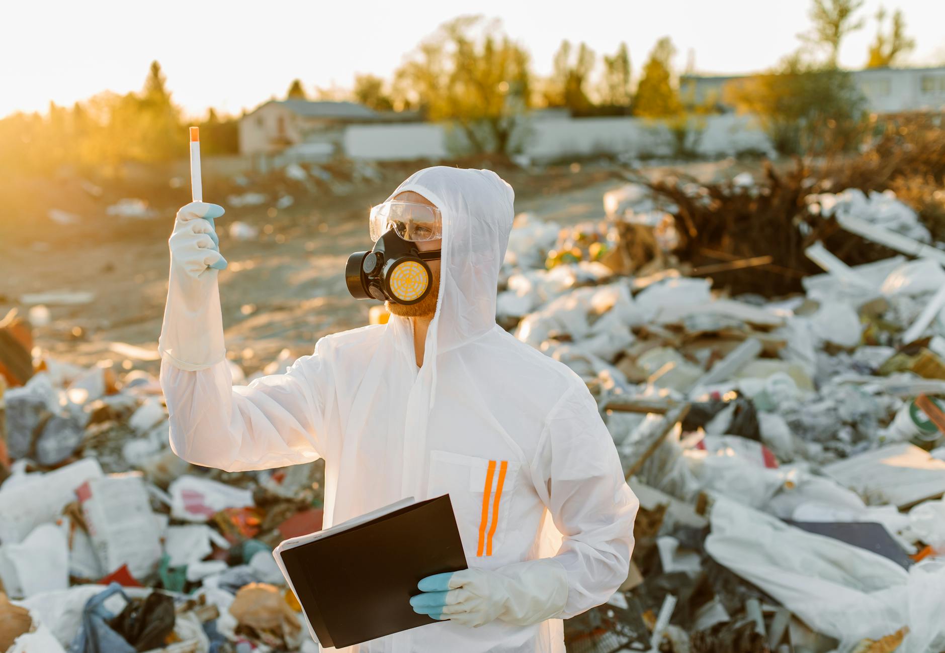 A scientist in protective gear conducts research at a waste site during sunset.