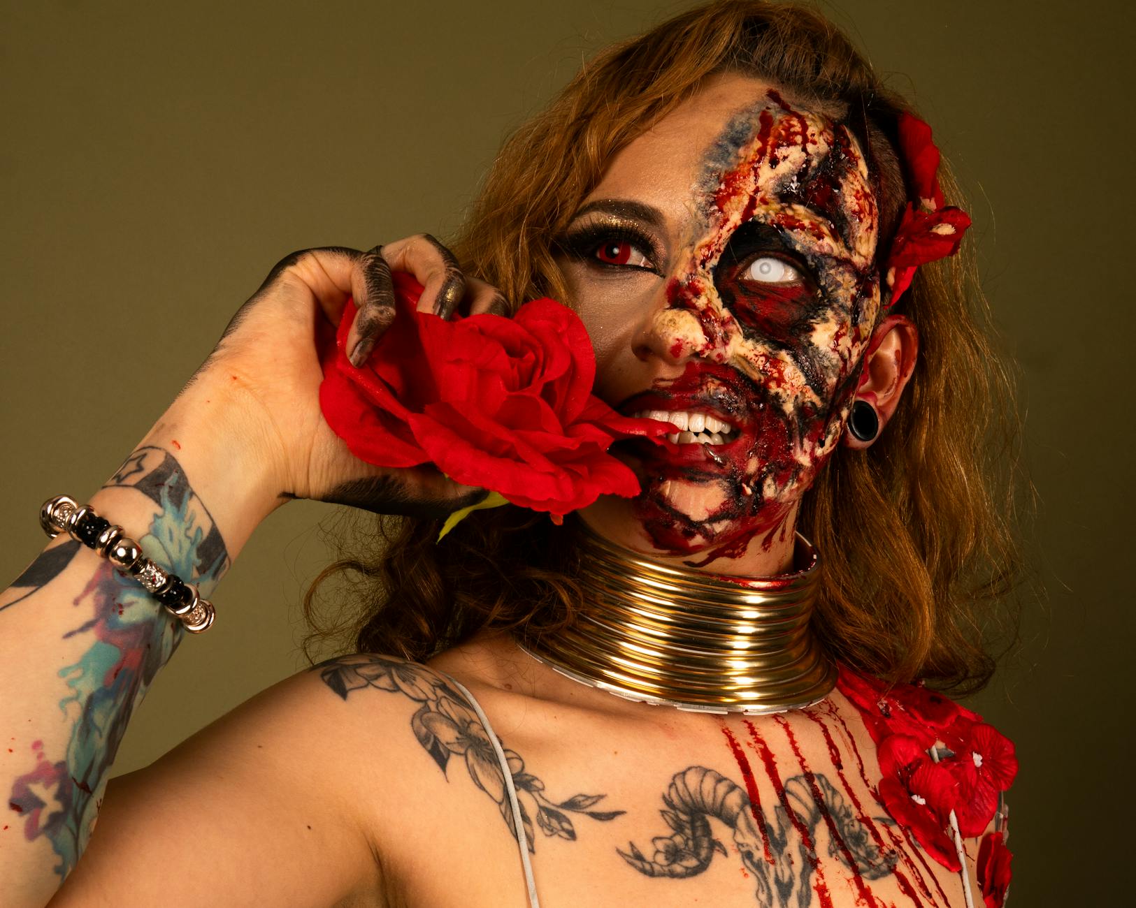 A striking image of a person with artistic horror makeup, themed for Halloween.