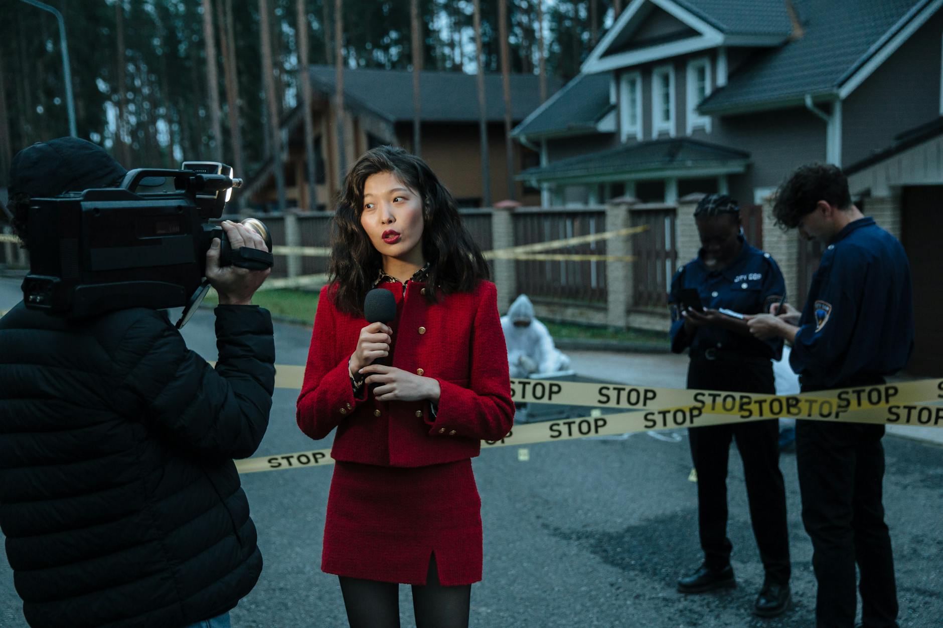 A journalist reporting from a crime scene with police officers and cameraman.