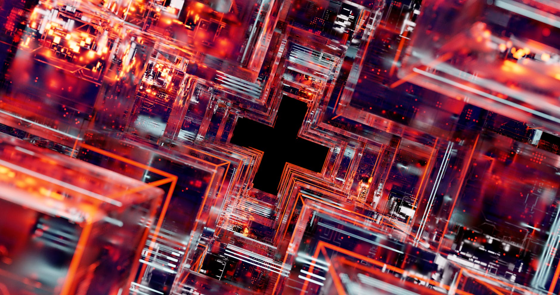 Dynamic 3D abstract image with red and orange digital patterns and a central black cross.