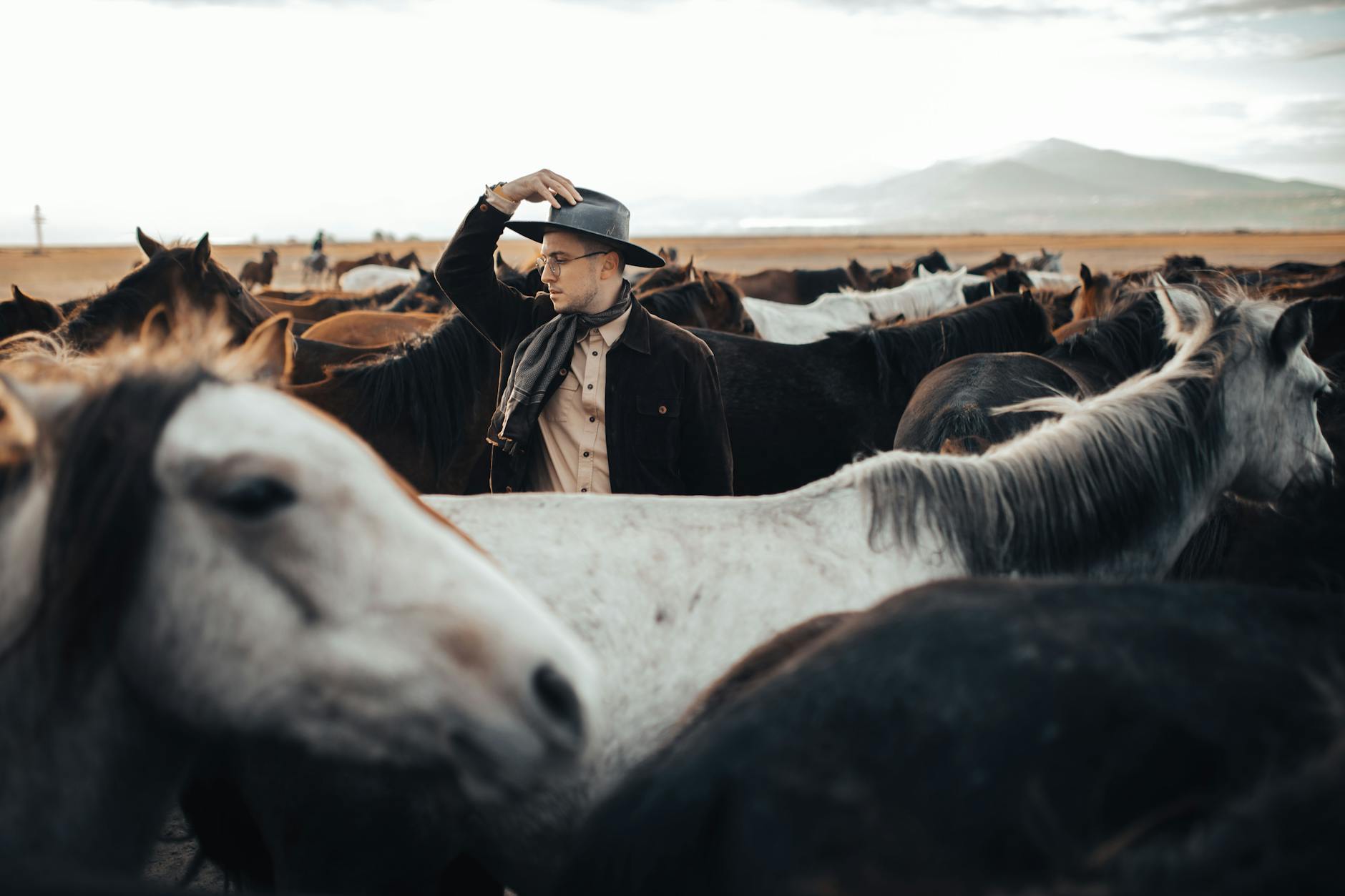 A cowboy herding horses in a vast landscape, exuding rustic charm.