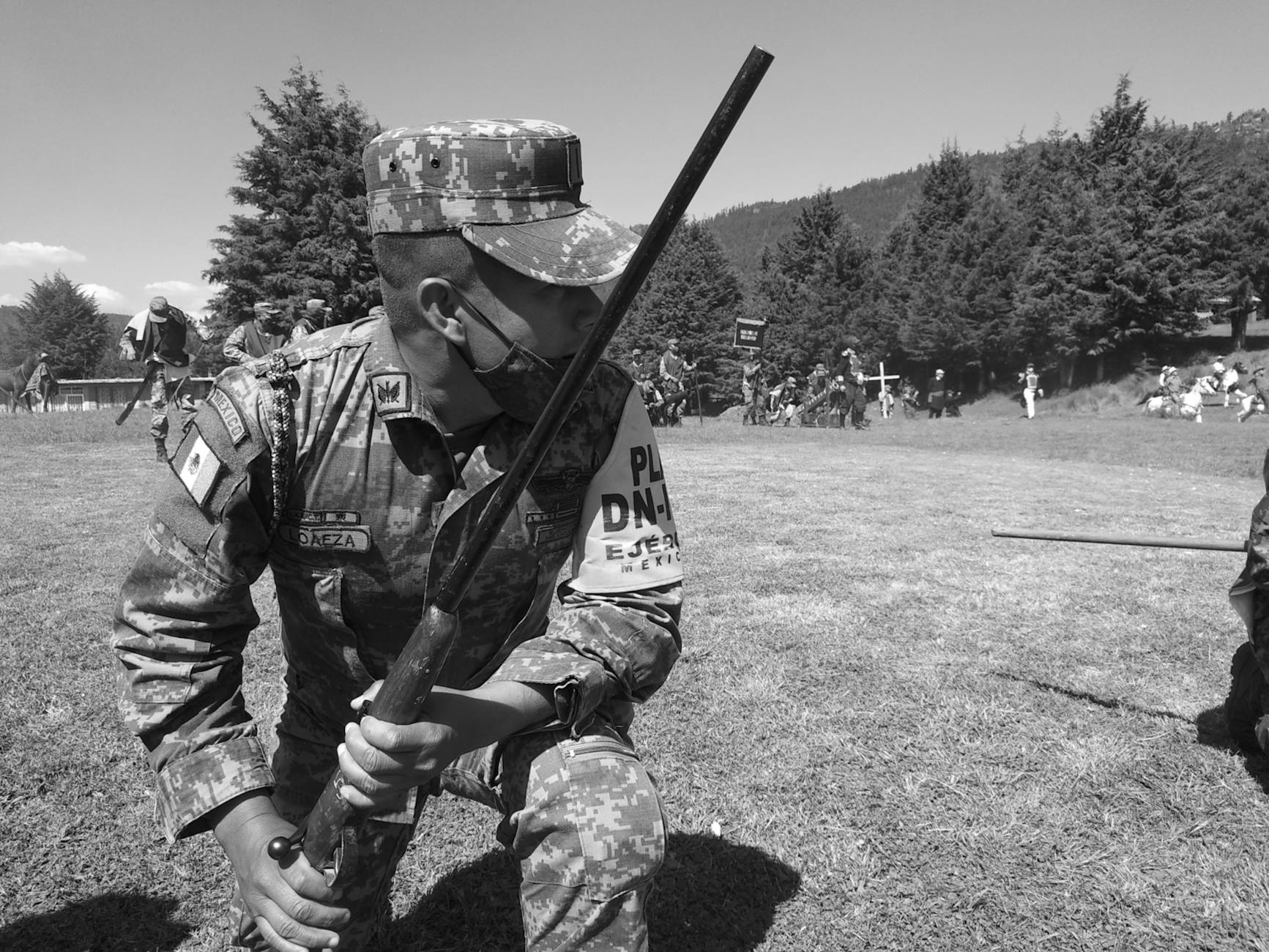 A soldier in uniform participates in a military reenactment at La Marquesa Park, Mexico.
